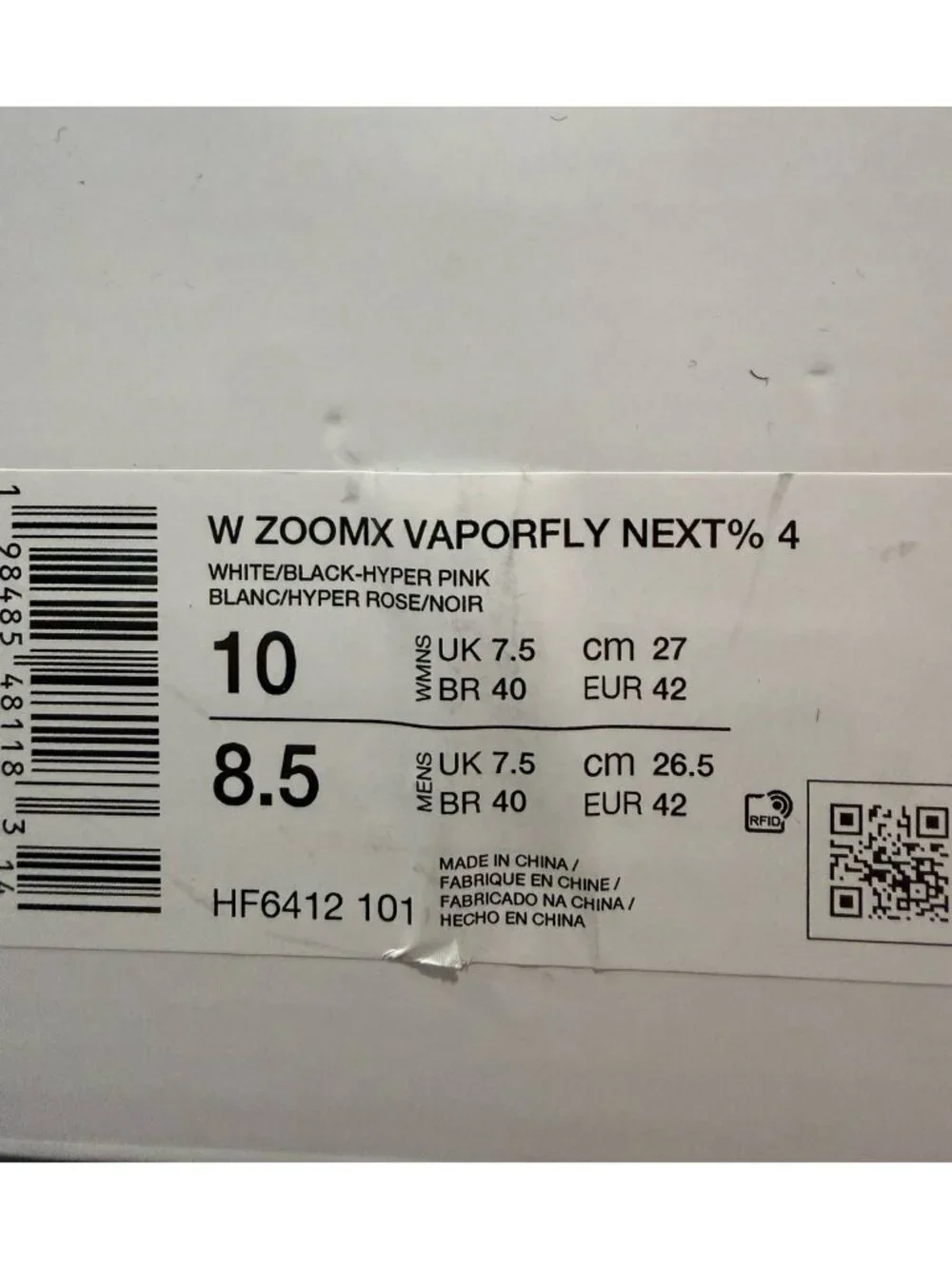 8.5 men’s Nike W ZoomX Vaporfly Next% 4 White Black Hyper Pink HF6412 101